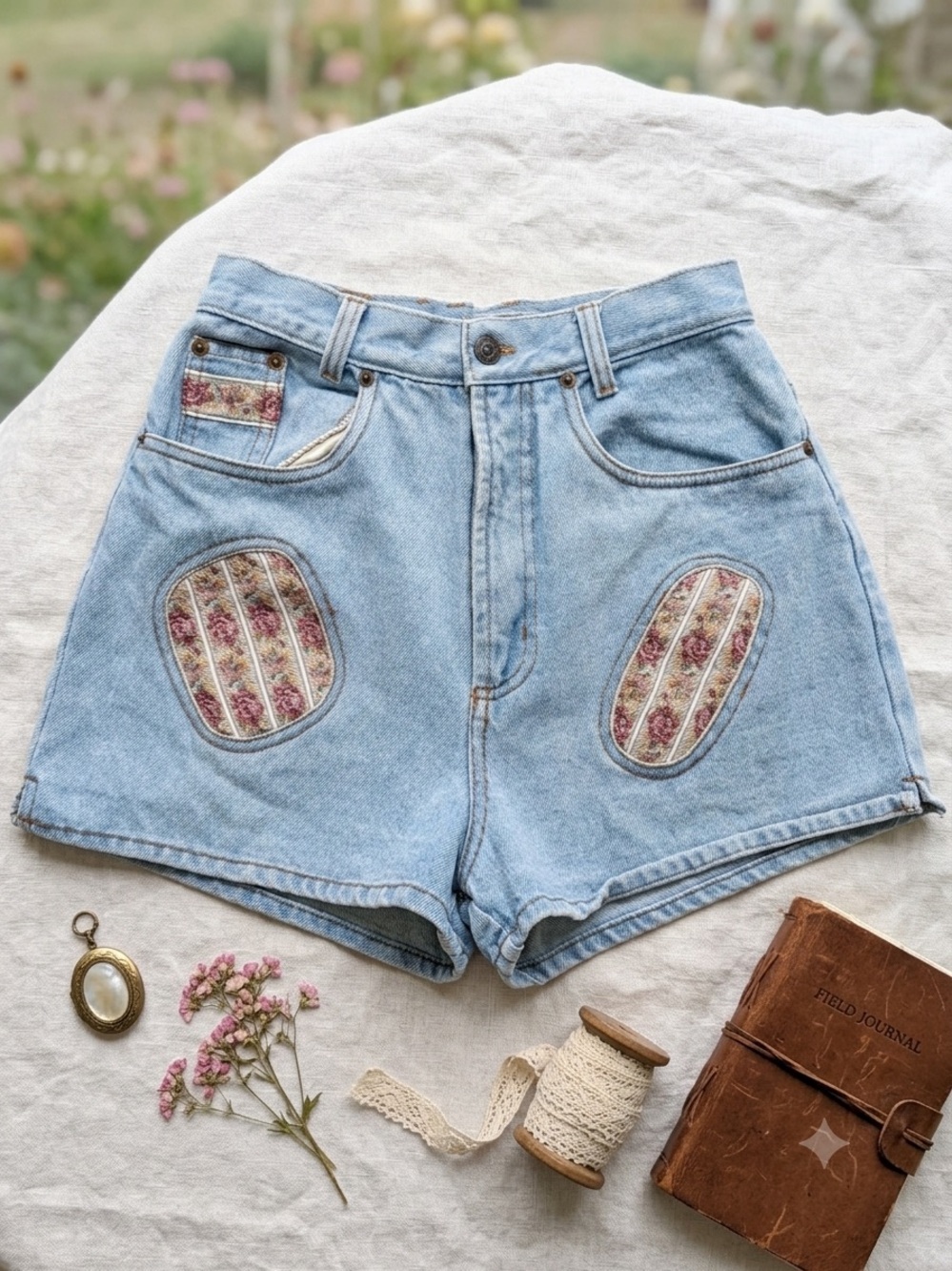 Vintage 90s Cotton Express High Waisted Tapestry Patch Denim Shorts 7/8